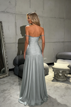 Sexy Sage Blue Ruched Prom Dress Off-the-Shoulder Floor Length Chiffon Pleated Evening Gown ,OLP1742