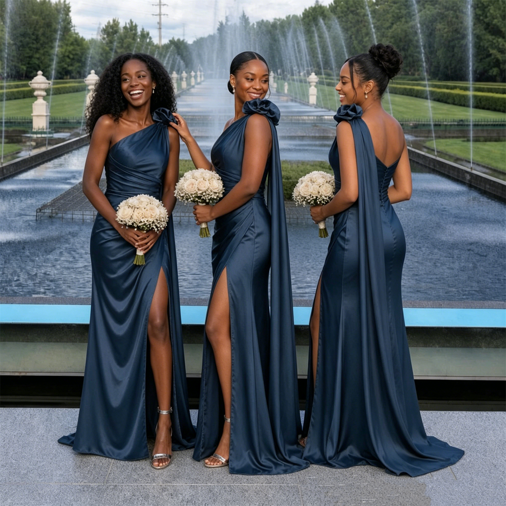 Elegant Navy Satin Bridesmaid Dresses One Shoulder Flower Slit Floor Length Gown,BG982