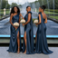 Elegant Navy Satin Bridesmaid Dresses One Shoulder Flower Slit Floor Length Gown,BG982