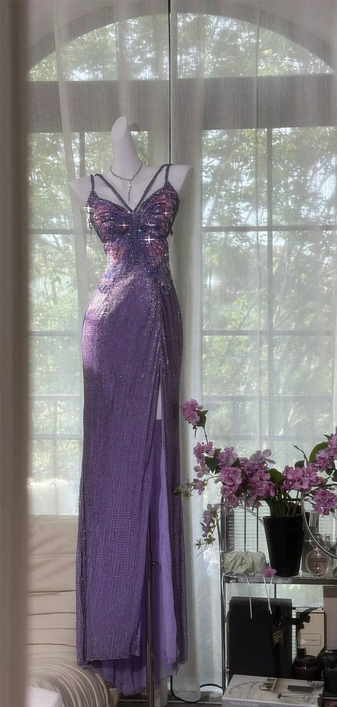 Shiny Purple Spaghetti Strap Sleeveless Mermaid Long Prom Dress Ideas, Evening Party Dresses , OLP1199