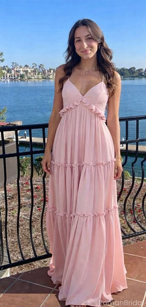 Fancy Pink Ruffled Empire Waist Prom Dress Sleeveless V-Neck Tiered Chiffon Maxi Gown,OLP1829