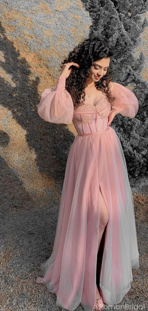 Elegant Pink Off-Shoulder A-Line Long Prom Dress Ideas, Evening Party Dresses, OLP1565