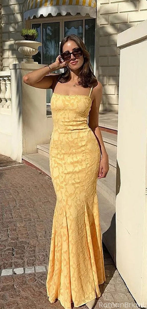 Pretty Yellow Jacquard Mermaid Prom Dress Elegant Square Neck Sleeveless Gown,OLP1814