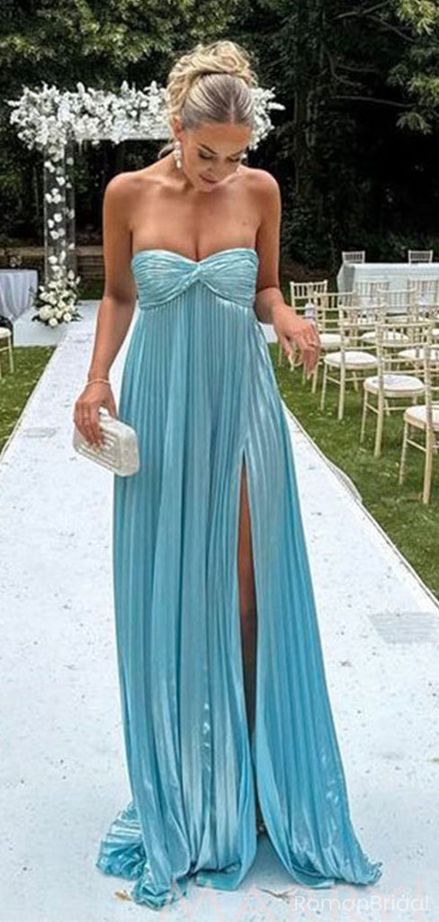 Sexy Pleated Metallic Blue Prom Dress Strapless High Slit Formal Party Gown,OLP1852