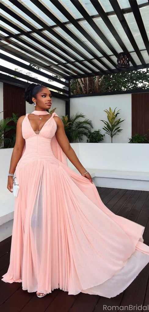 Popular Pink V-Neck A-Line Long Prom Dress Ideas, Evening Party Dresses, OLP1451