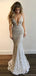 Sexy White V-Neck Mermaid Long Prom Dress Ideas, Evening Party Dresses, OLP1616