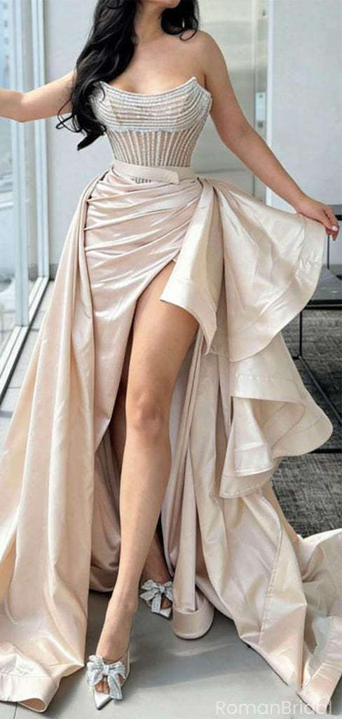 Fancy Pearl Beaded Corset Prom Dress Strapless High Slit Satin Ruched Drape Ball Gown,OLP1722