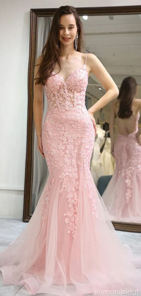 Beautiful Pink Floral Applique V-Neck Prom Dress Sheer Bodice Tulle Mermaid Gowns,OLP1841