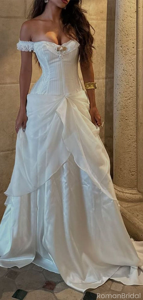 Elegant White Off-Shoulder A-Line Long Prom Dress Ideas, Evening Party Dresses, OLP1441