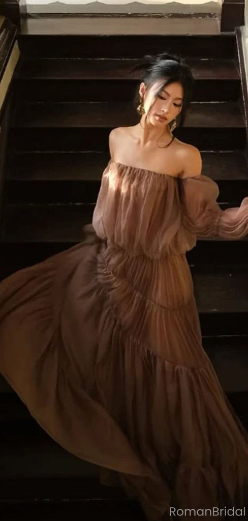 Elegant Brown Long Sleeve A-Line Long Prom Dress Ideas, Evening Party Dresses, OLP1671