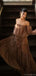 Elegant Brown Long Sleeve A-Line Long Prom Dress Ideas, Evening Party Dresses, OLP1671