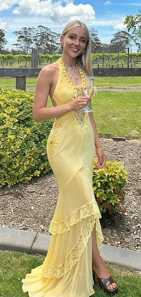 Pretty Yellow Halter Prom Dress Tiered Lace Mermaid Backless Chiffon Formal Gown,OLP1880