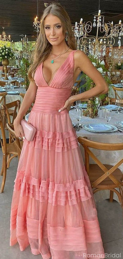 Elegant Pink V-Neck A-Line Long Prom Dress Ideas, Evening Party Dresses, OLP1494