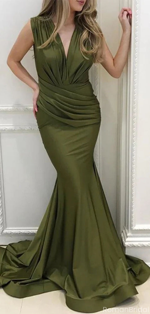 Elegant Green V-Neck Mermaid Long Prom Dress Ideas, Evening Party Dresses, OLP1272