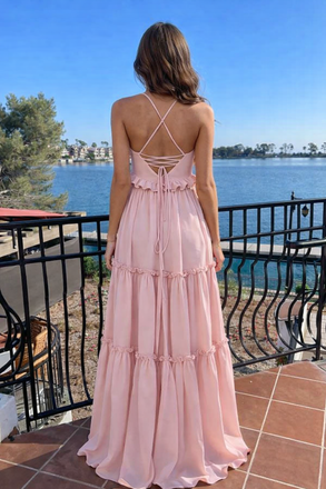 Fancy Pink Ruffled Empire Waist Prom Dress Sleeveless V-Neck Tiered Chiffon Maxi Gown,OLP1829
