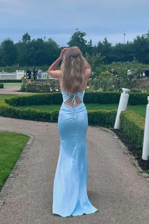 Sleek Baby Blue Satin Spaghetti Strap Mermaid Gown for Formal Evening Events,OLP1889