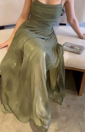 Elegant Green Spaghetti Strap A-Line Long Prom Dress Ideas, Evening Party Dresses, OLP1352