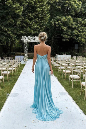 Sexy Pleated Metallic Blue Prom Dress Strapless High Slit Formal Party Gown,OLP1852