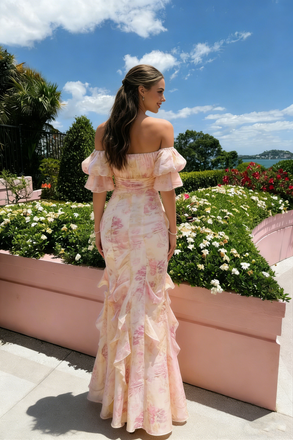 Beautiful Pink Floral Print Chiffon Prom Gown Puff Sleeve Off-Shoulder Ruffle Hem,OLP1970