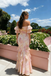 Beautiful Pink Floral Print Chiffon Prom Gown Puff Sleeve Off-Shoulder Ruffle Hem,OLP1970