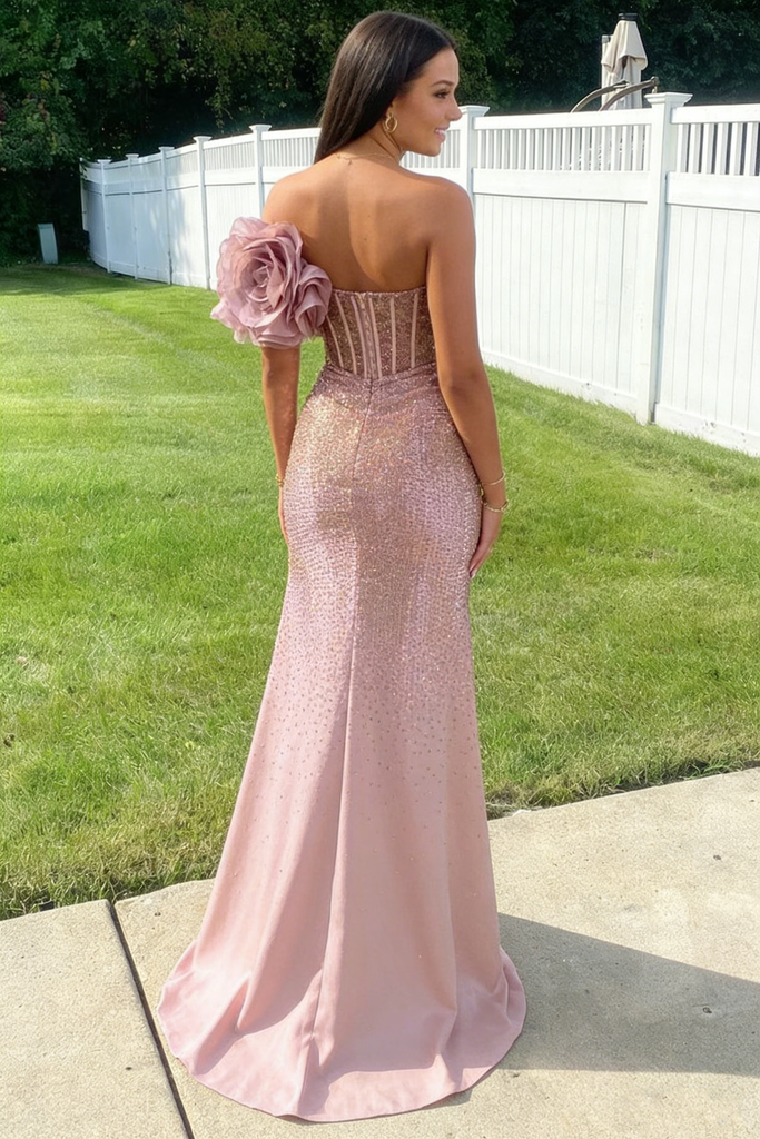 Fancy Rose Pink Sequin Prom Dress One Shoulder 3D Floral Applique High Slit,OLP2178