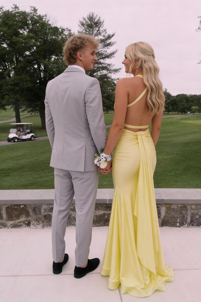 Modern Yellow Halter Neck Prom Gown with Open Back plus Mermaid Shape,OLP2040