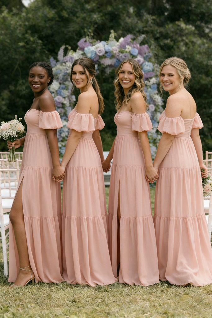 Boho Pink Off-The-Shoulder Bridesmaid Dresses High Slit Tiered Chiffon Skirts,BG956