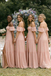 Boho Pink Off-The-Shoulder Bridesmaid Dresses High Slit Tiered Chiffon Skirts,BG956