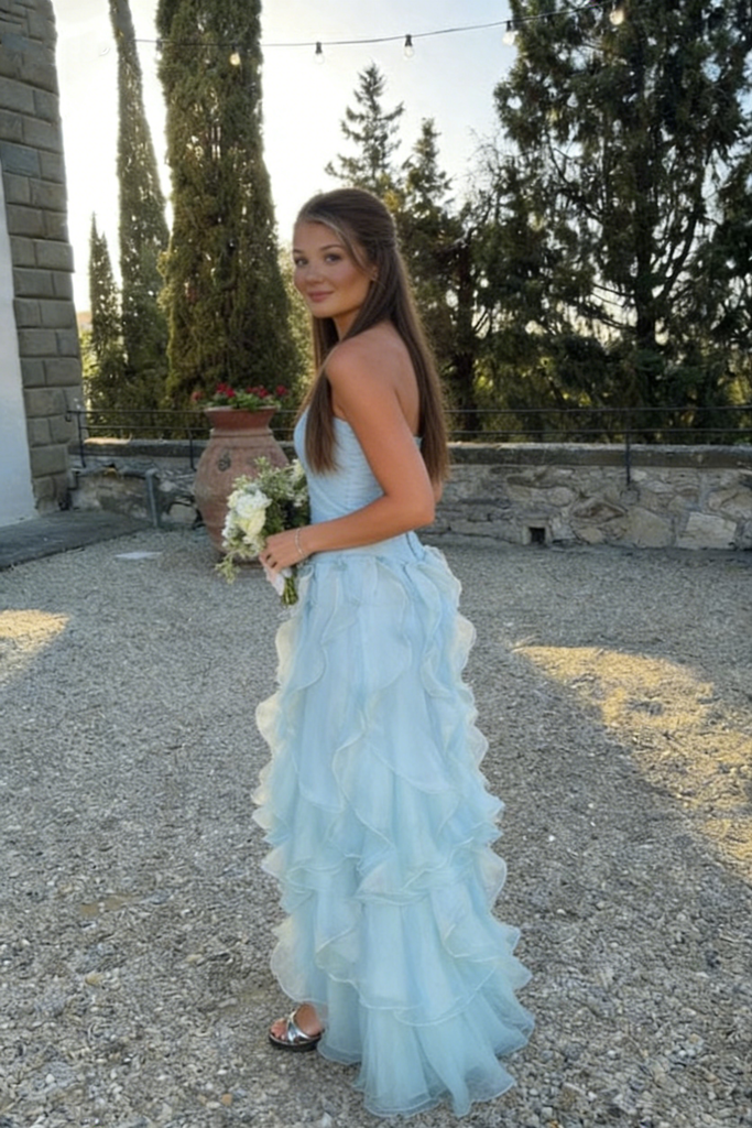 Modern Baby Blue Ruffled High Low Prom Gown Strapless Organza Formal Dress,OLP2051