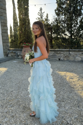 Modern Baby Blue Ruffled High Low Prom Gown Strapless Organza Formal Dress,OLP2051