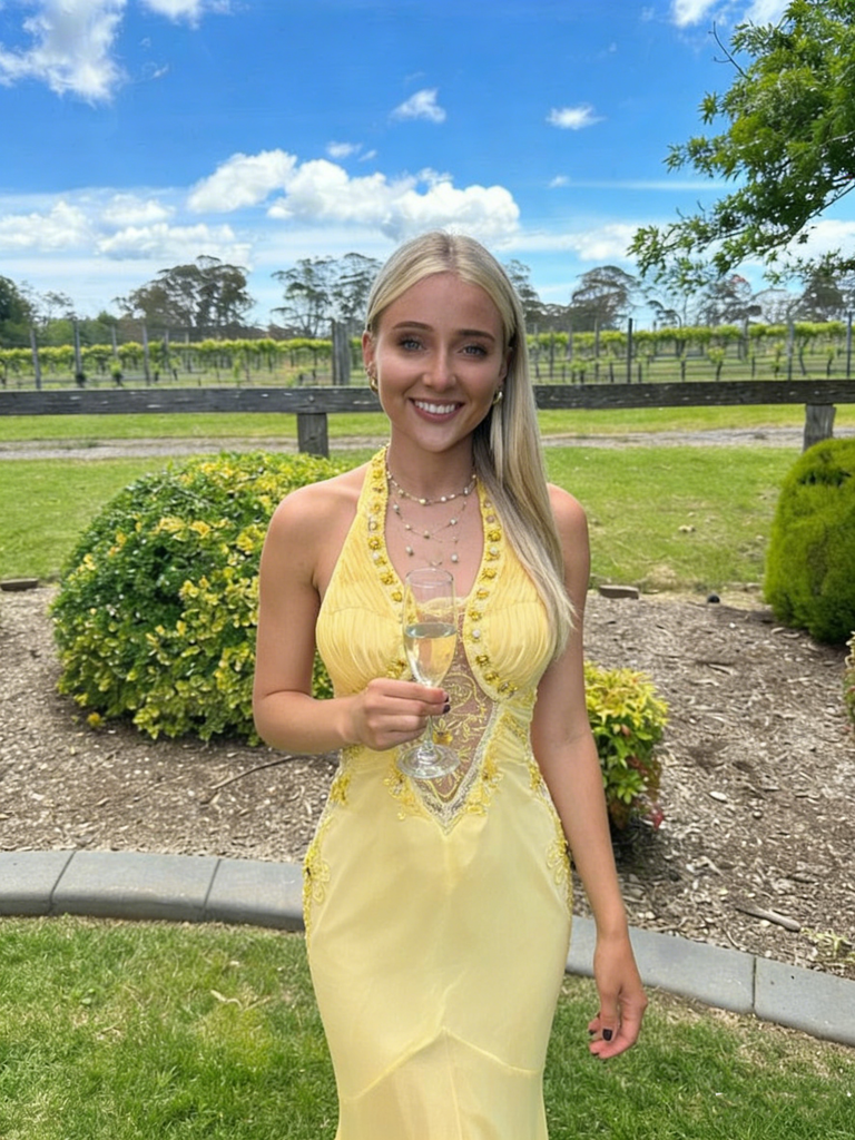 Pretty Yellow Halter Prom Dress Tiered Lace Mermaid Backless Chiffon Formal Gown,OLP1880