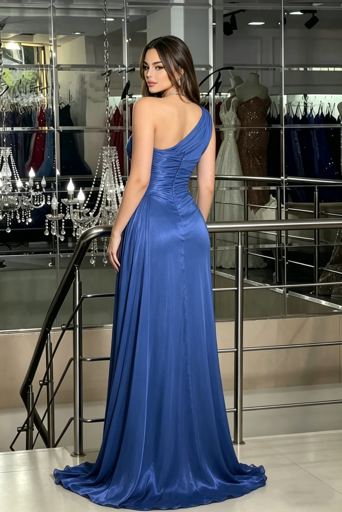 One-Shoulder Royal Blue Pleated Slit Draped Evening Dress For Prom,OLP2219