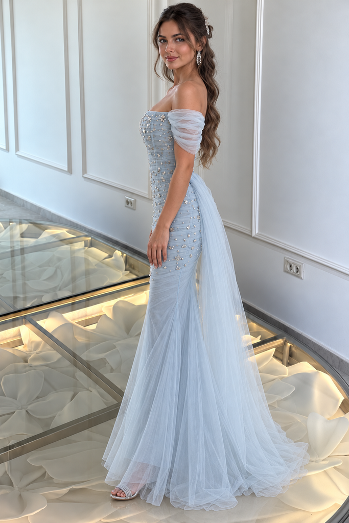 Fancy Light Blue Off-Shoulder Beaded Tulle Mermaid Prom Dress,OLP2473
