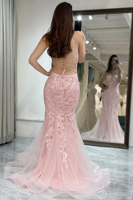 Beautiful Pink Floral Applique V-Neck Prom Dress Sheer Bodice Tulle Mermaid Gowns,OLP1841