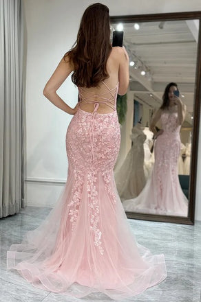 Beautiful Pink Floral Applique V-Neck Prom Dress Sheer Bodice Tulle Mermaid Gowns,OLP1841