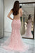 Beautiful Pink Floral Applique V-Neck Prom Dress Sheer Bodice Tulle Mermaid Gowns,OLP1841
