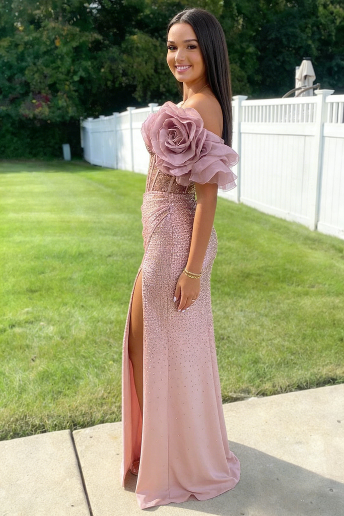 Fancy Rose Pink Sequin Prom Dress One Shoulder 3D Floral Applique High Slit,OLP2178