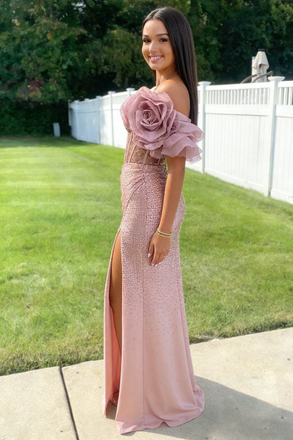 Fancy Rose Pink Sequin Prom Dress One Shoulder 3D Floral Applique High Slit,OLP2178