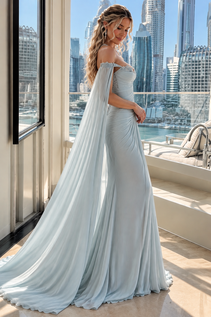 Gorgeous Ice Blue Ruched Prom Dress Strapless Cape Sleeve Ball Gown,OLP2461