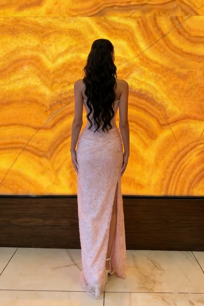 Unique Lace Corset Prom Dress Sweetheart Sleeveless Pink Sheath Dress with Side Slit, OLP1691