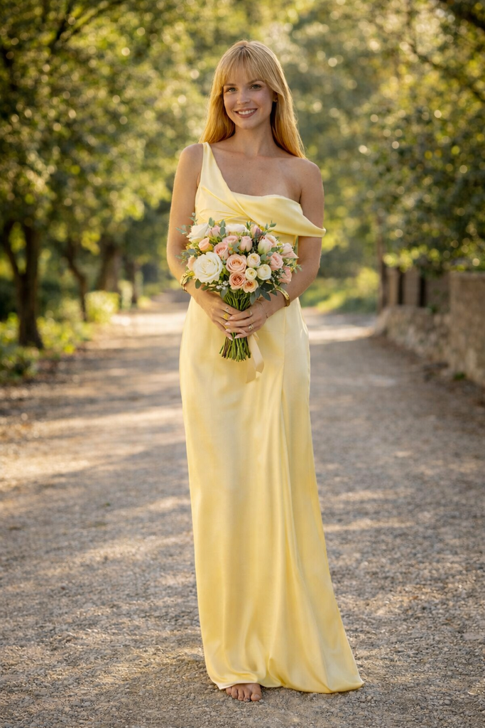 Elegant Yellow Satin Prom Gown One Shoulder Ruched Long Summer Dress,OLP1925