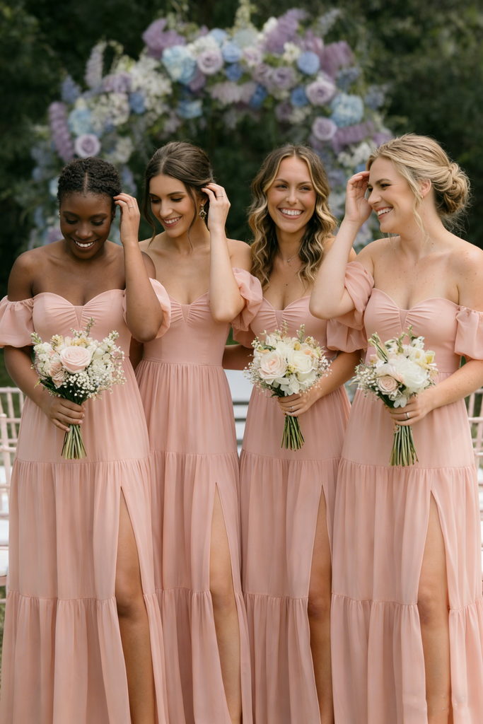Boho Pink Off-The-Shoulder Bridesmaid Dresses High Slit Tiered Chiffon Skirts,BG956