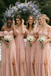 Boho Pink Off-The-Shoulder Bridesmaid Dresses High Slit Tiered Chiffon Skirts,BG956