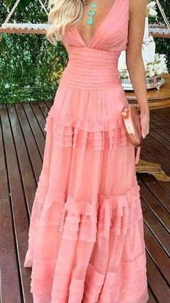 Elegant Pink V-Neck A-Line Long Prom Dress Ideas, Evening Party Dresses, OLP1494