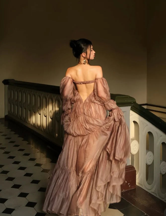 Elegant Brown Long Sleeve A-Line Long Prom Dress Ideas, Evening Party Dresses, OLP1671