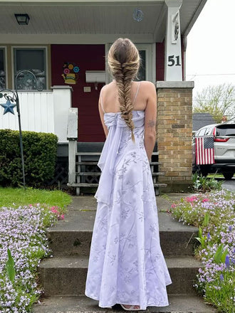 Pretty Lavender Floral Print A-Line Prom Dress Ruched Bust Straps,OLP2108