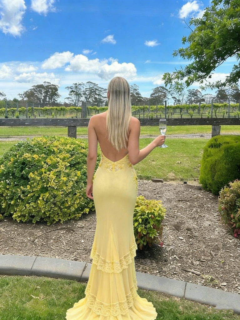 Pretty Yellow Halter Prom Dress Tiered Lace Mermaid Backless Chiffon Formal Gown,OLP1880