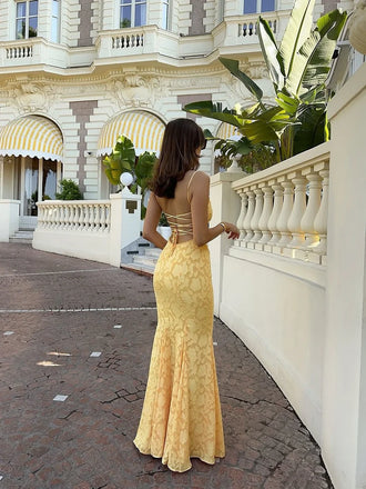 Pretty Yellow Jacquard Mermaid Prom Dress Elegant Square Neck Sleeveless Gown,OLP1814