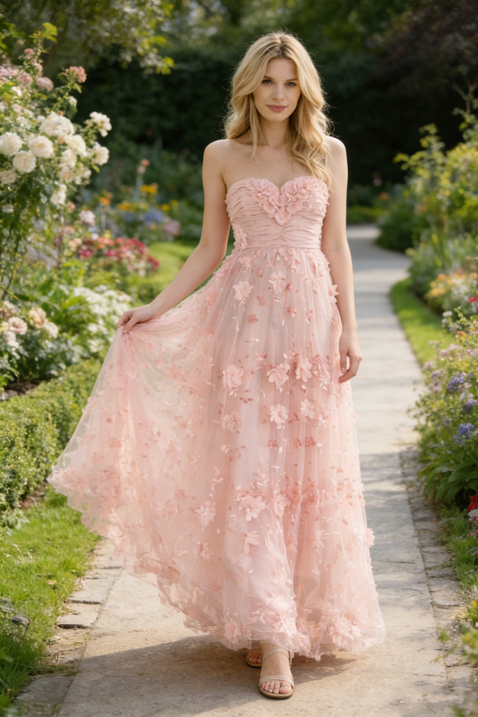 Pretty Blush Pink 3D Petal Flower Prom Gown with Modern Strapless Neckline,OLP1899