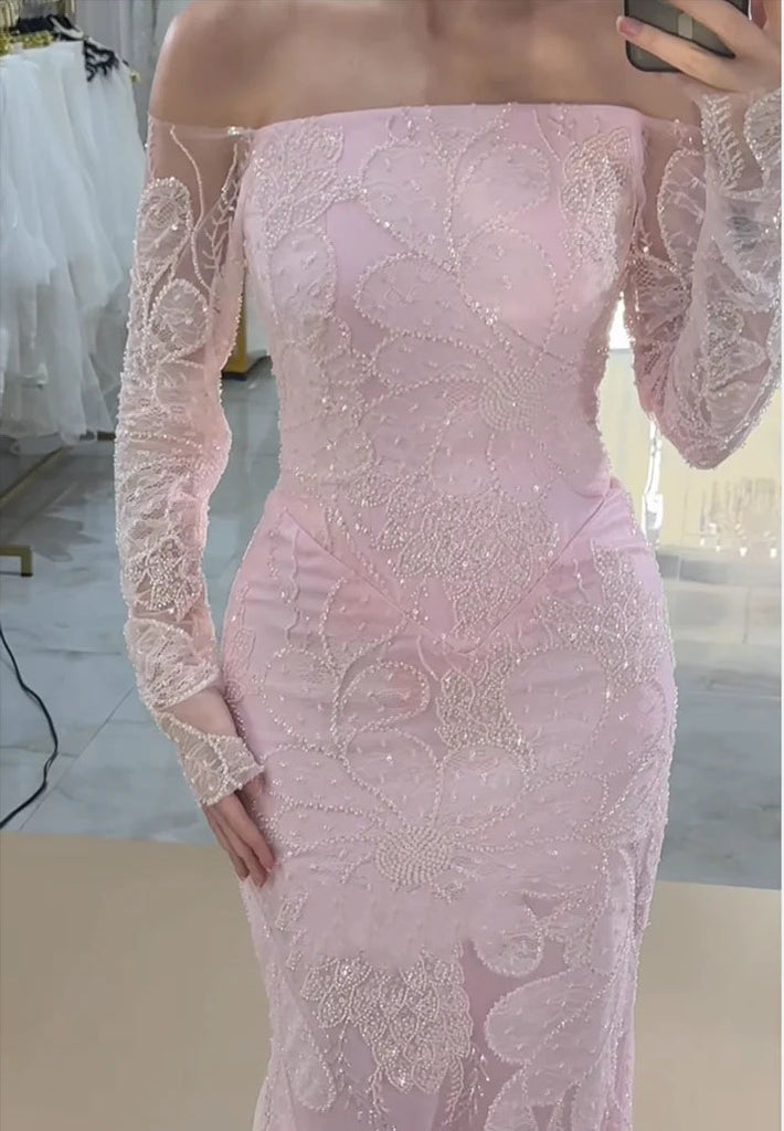 Sexy Pink Off-Shoulder Long Sleeve Mermaid Long Prom Dress Ideas, Evening Party Dresses, OLP1553